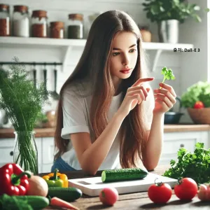 긴머리 여성이 주방에서 여러가지 식재료를 놓고 하나 하나 손으로 살펴보며 관심있게 살펴보는 모습이다. 영양소나 다양한 음식등에 관심을보이는 여성의 이미지다.

건강한 삶을 통해 나 자신을 알아가는 공간 신니스.